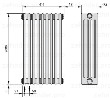 Схема (чертеж) Радиатор Zehnder Charleston 5200/9 №3370 Белый глянцевый RAL 9016